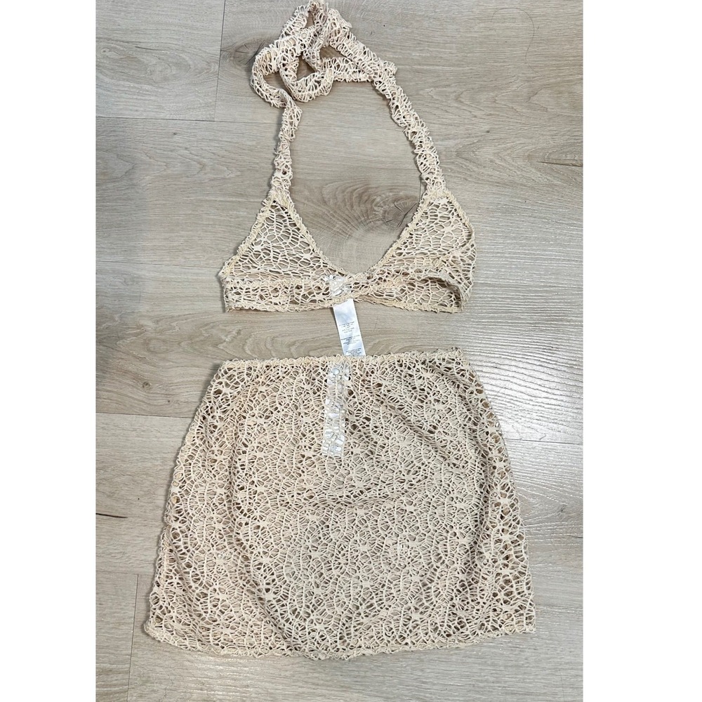 PrettyLittleThing Skirt Set Womens Boho Festival 2 Beige Ivory Crochet Vacation - Picture 2 of 5